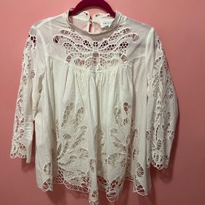 Anthropologie cream embroidered top